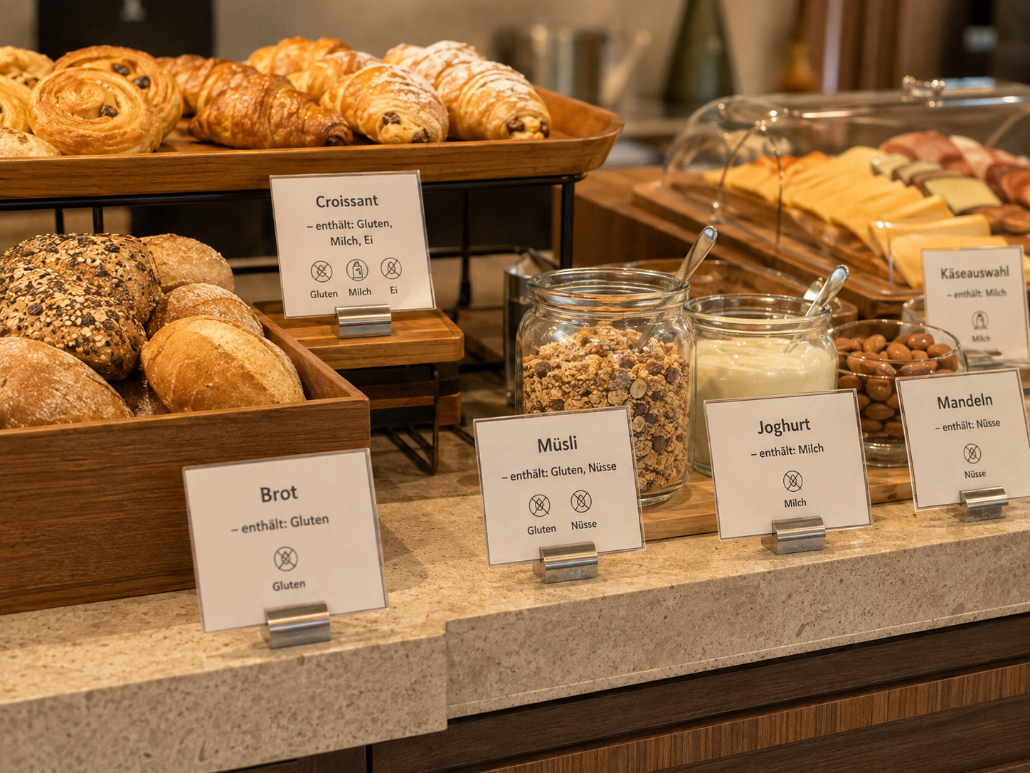Hotel-Frühstücksbuffet mit beschrifteten Speisen und sichtbaren Hinweisen auf enthaltene Allergene.