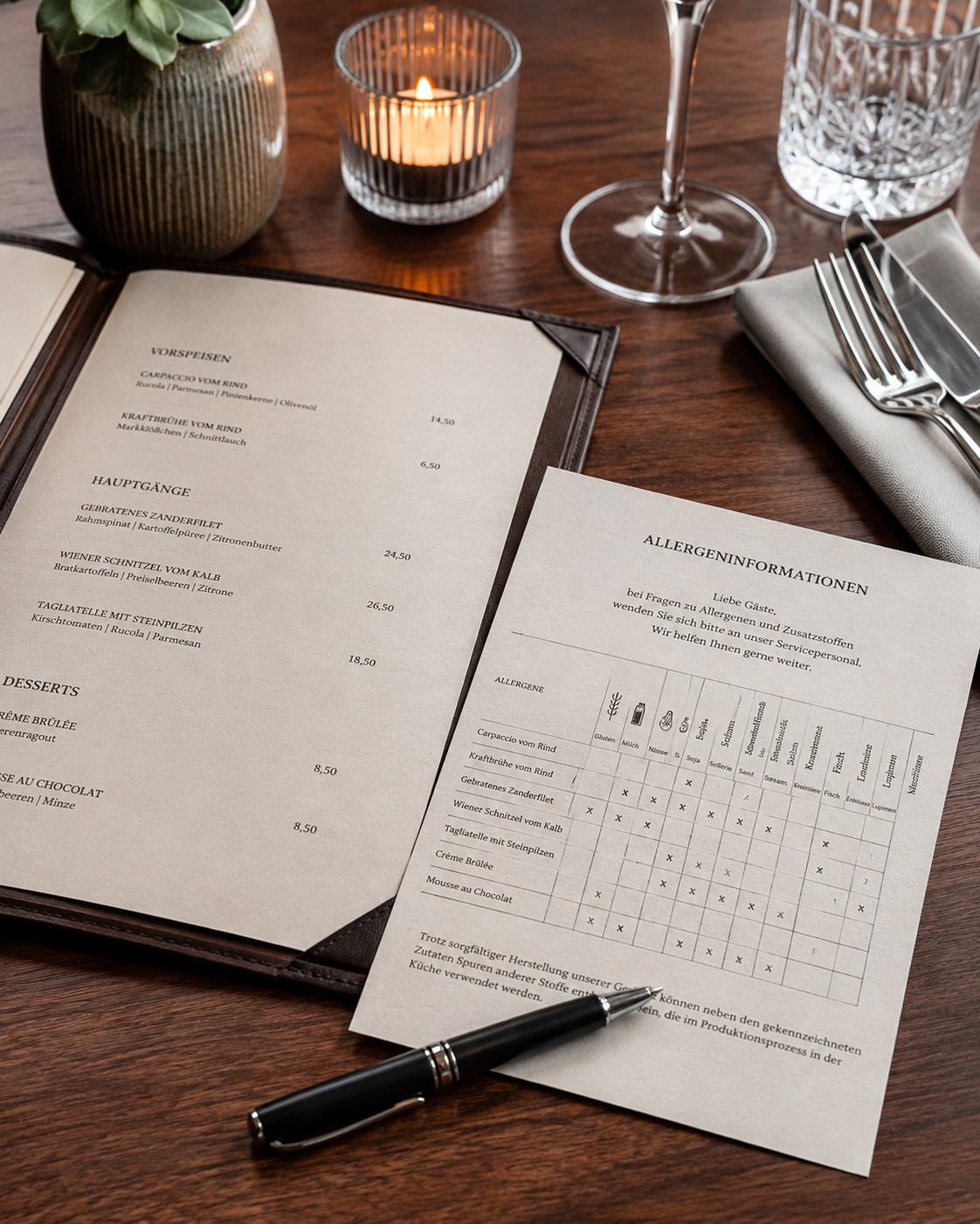 Speisekarte und separate Allergenübersicht auf einem gedeckten Restauranttisch.