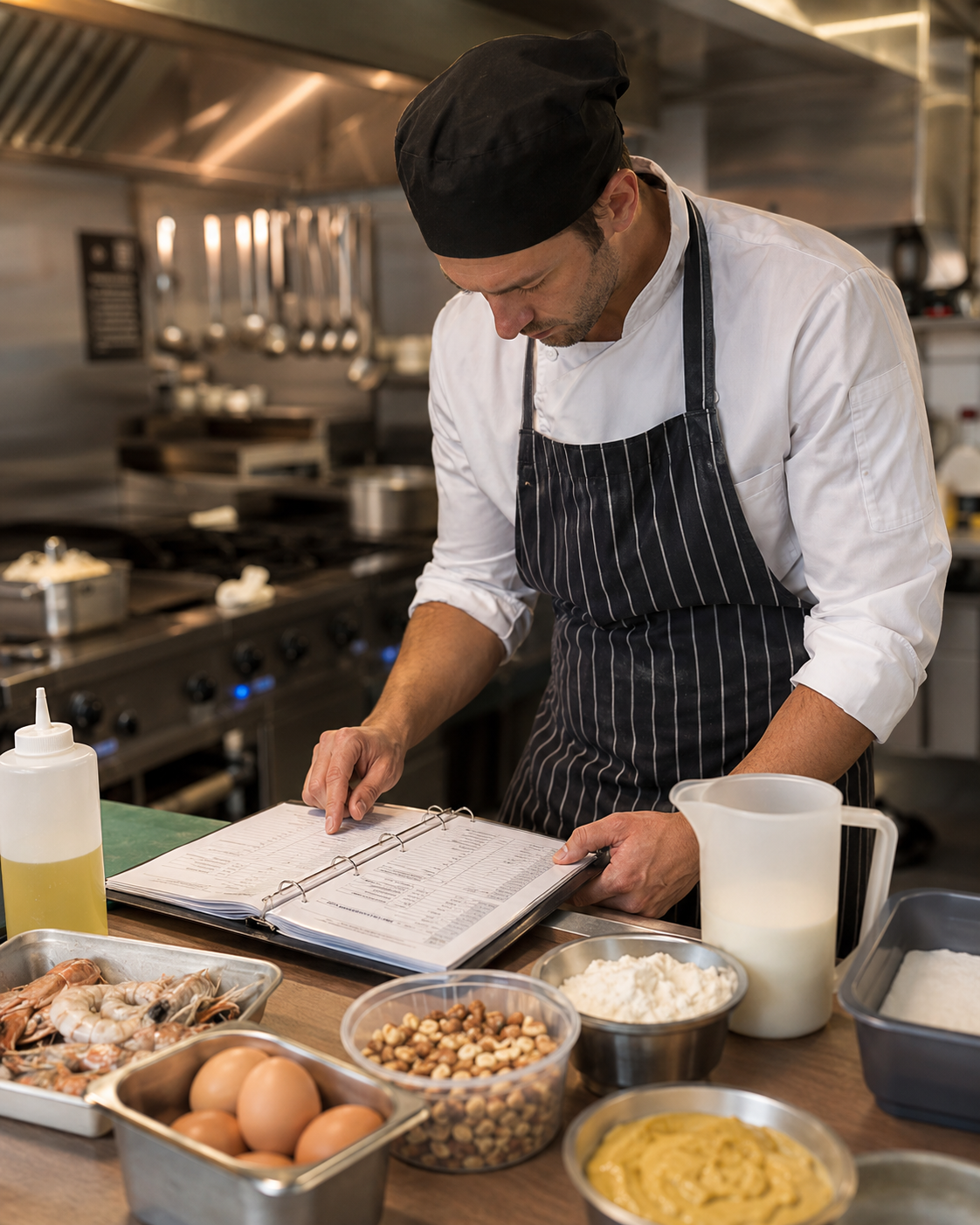 Koch prüft Allergen- und Rezepturinformationen in einem Ordner in der Restaurantküche.