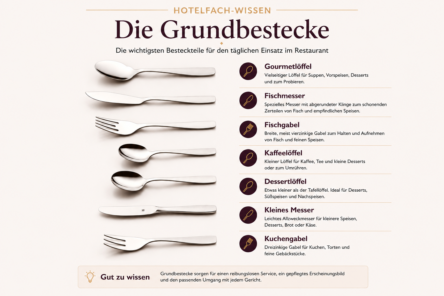 Gourmetlöffel, Fischmesser, Fischgabel, Kaffeelöffel, Dessertlöffel, Vorspeisen- beziehungsweise Dessertmesser und Kuchengabel.