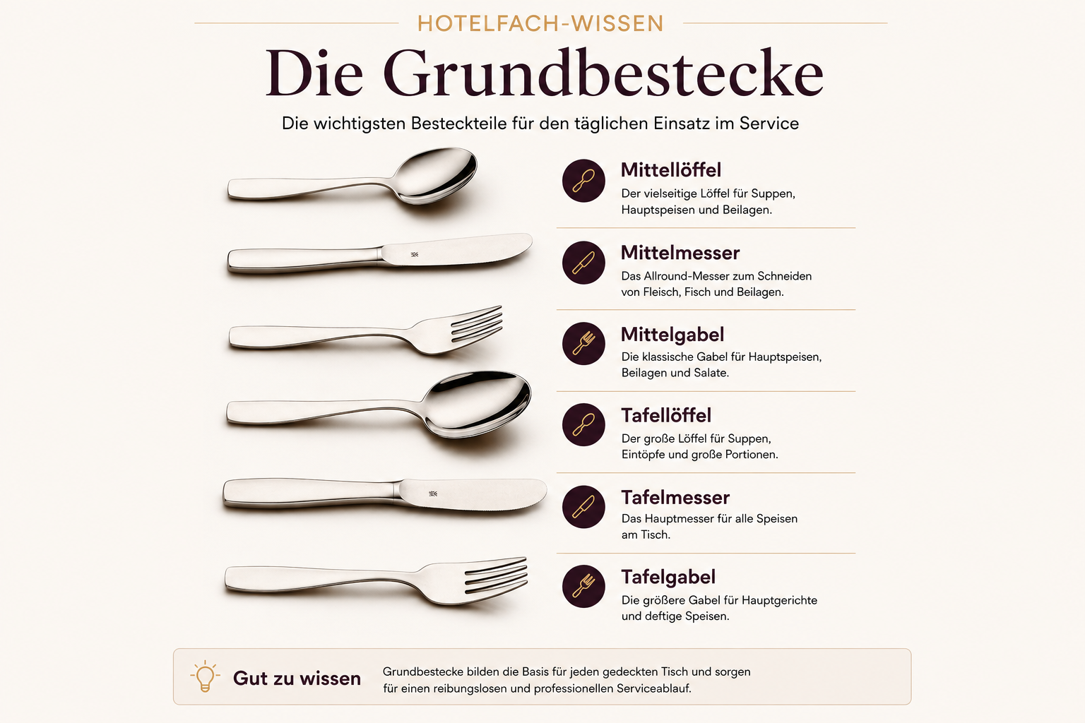 Mittellöffel, Mittelmesser, Mittelgabel, Tafellöffel, Tafelmesser und Tafelgabel im Größenvergleich.