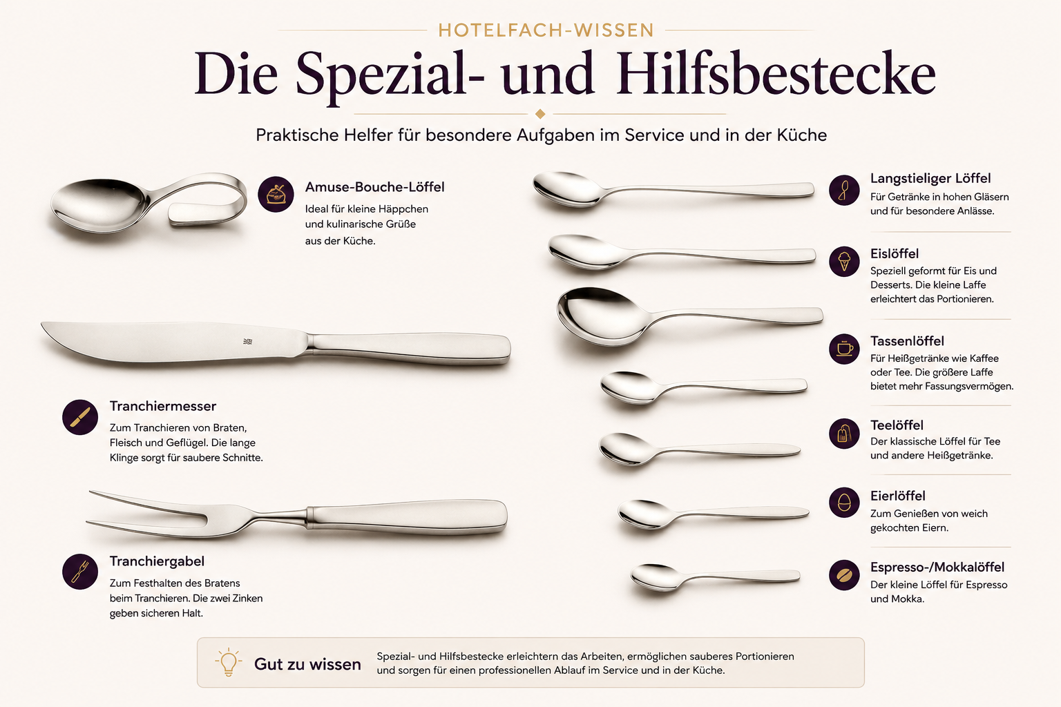 Übersicht von Amuse-Bouche-Löffel, Tranchierbesteck und unterschiedlichen Speziallöffeln.