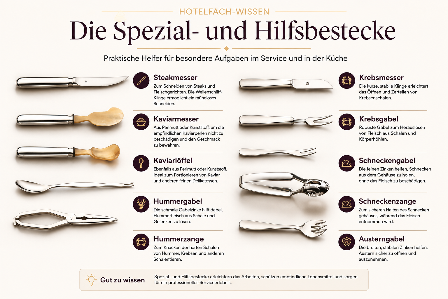 Übersicht von Steak-, Kaviar-, Hummer-, Krebs-, Schnecken- und Austernbestecken.