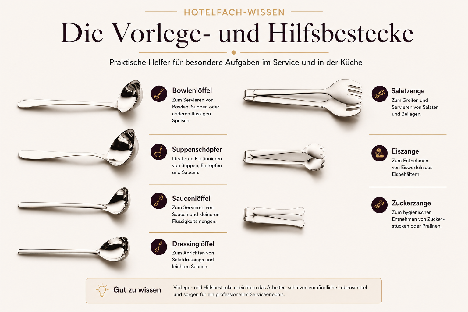 Übersicht von Bowlenlöffel, Suppenschöpfer, Saucen- und Dressinglöffel sowie Salat-, Eis- und Zuckerzange.