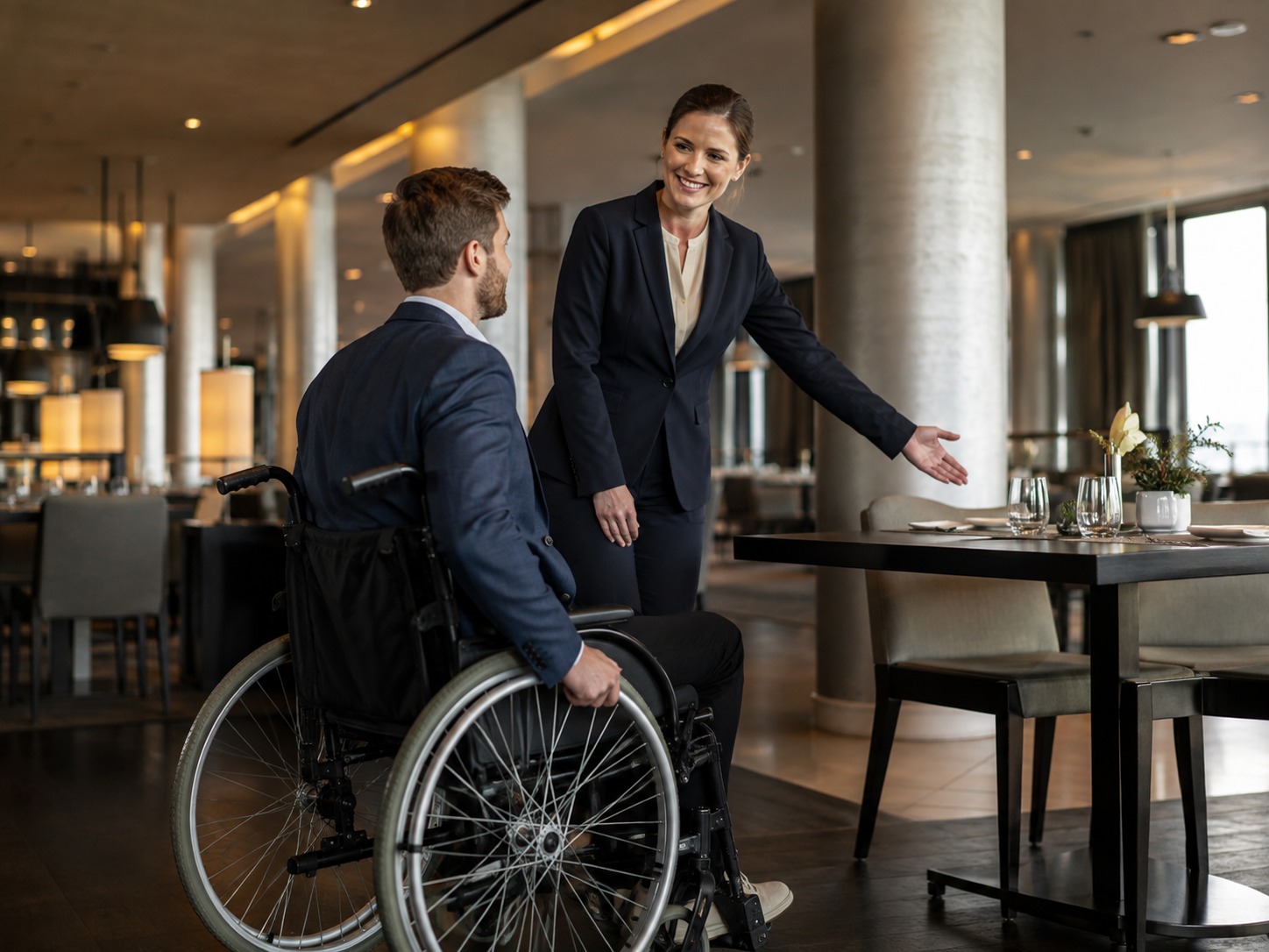 Servicemitarbeiterin begleitet einen Rollstuhlfahrer zu einem barrierefrei erreichbaren Restauranttisch.