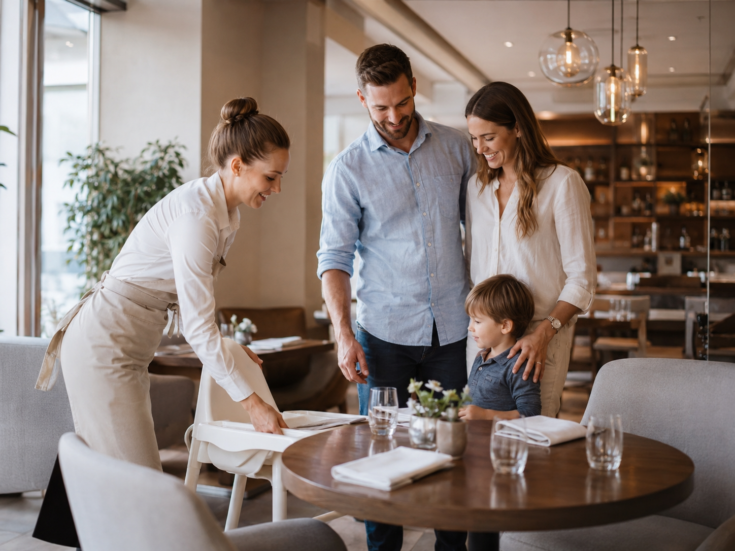 Servicekraft betreut eine Familie mit Kind und vorbereitetem Kinderstuhl im Restaurant.