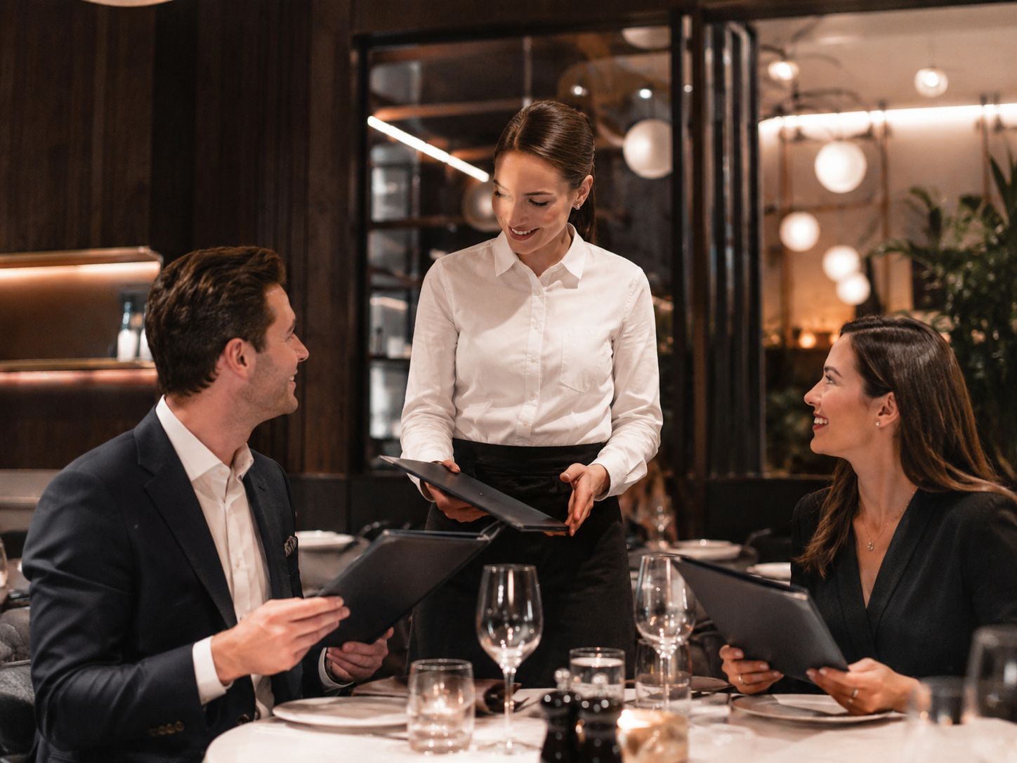 Servicekraft überreicht Gästen nach der Platzierung Speise- und Getränkekarten.