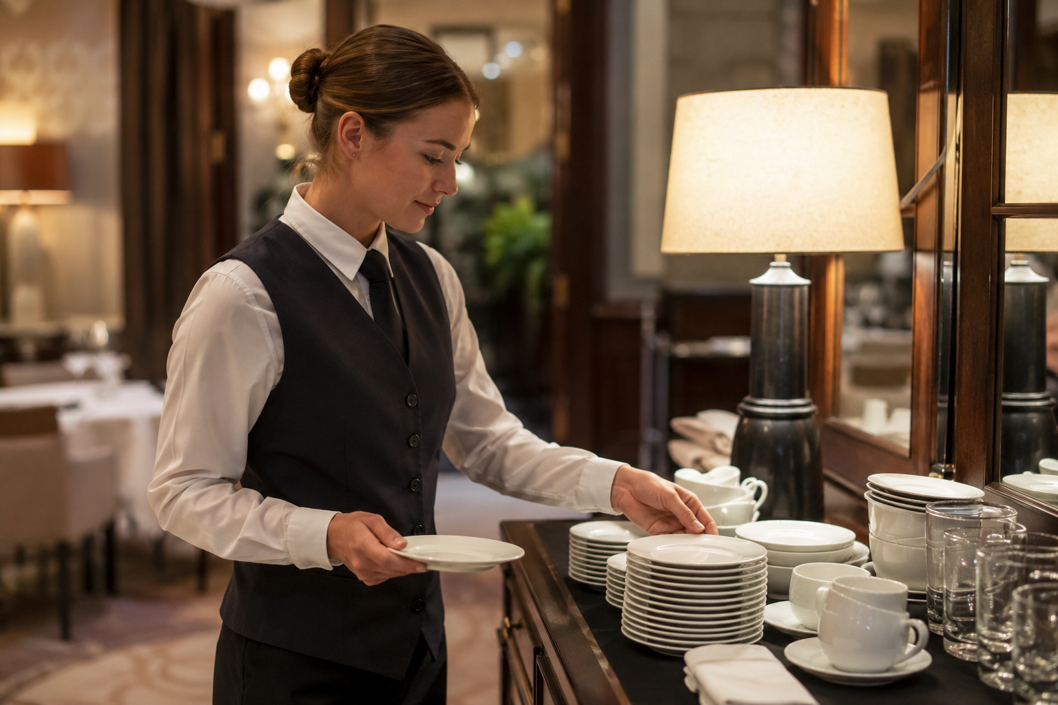 Servicekraft bereitet hochwertige Teller, Tassen und Schalen in einem realistischen Hotelrestaurant vor.