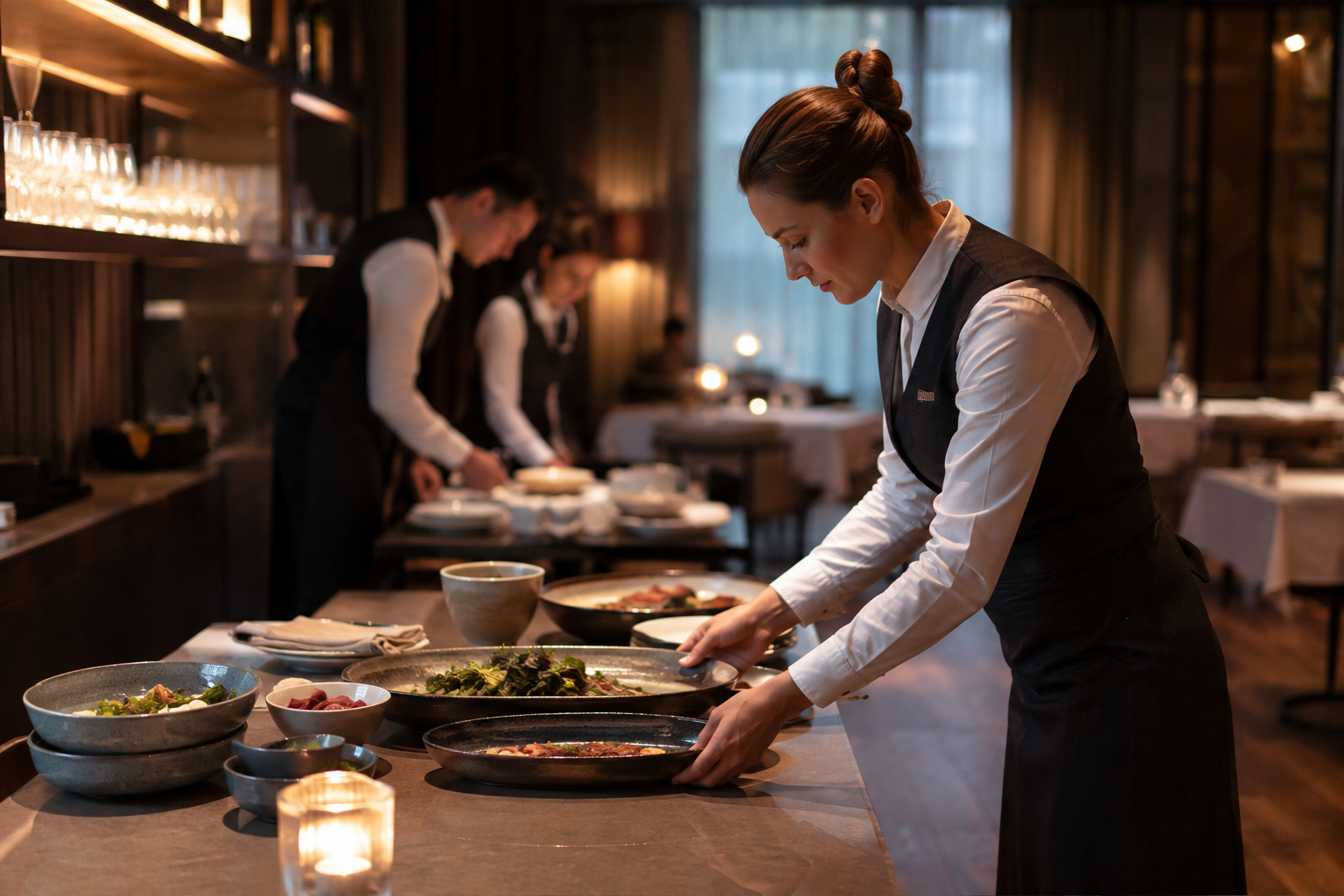 Küchen- und Serviceteam richtet Speisen auf einer Servierplatte für den Restaurantservice an.