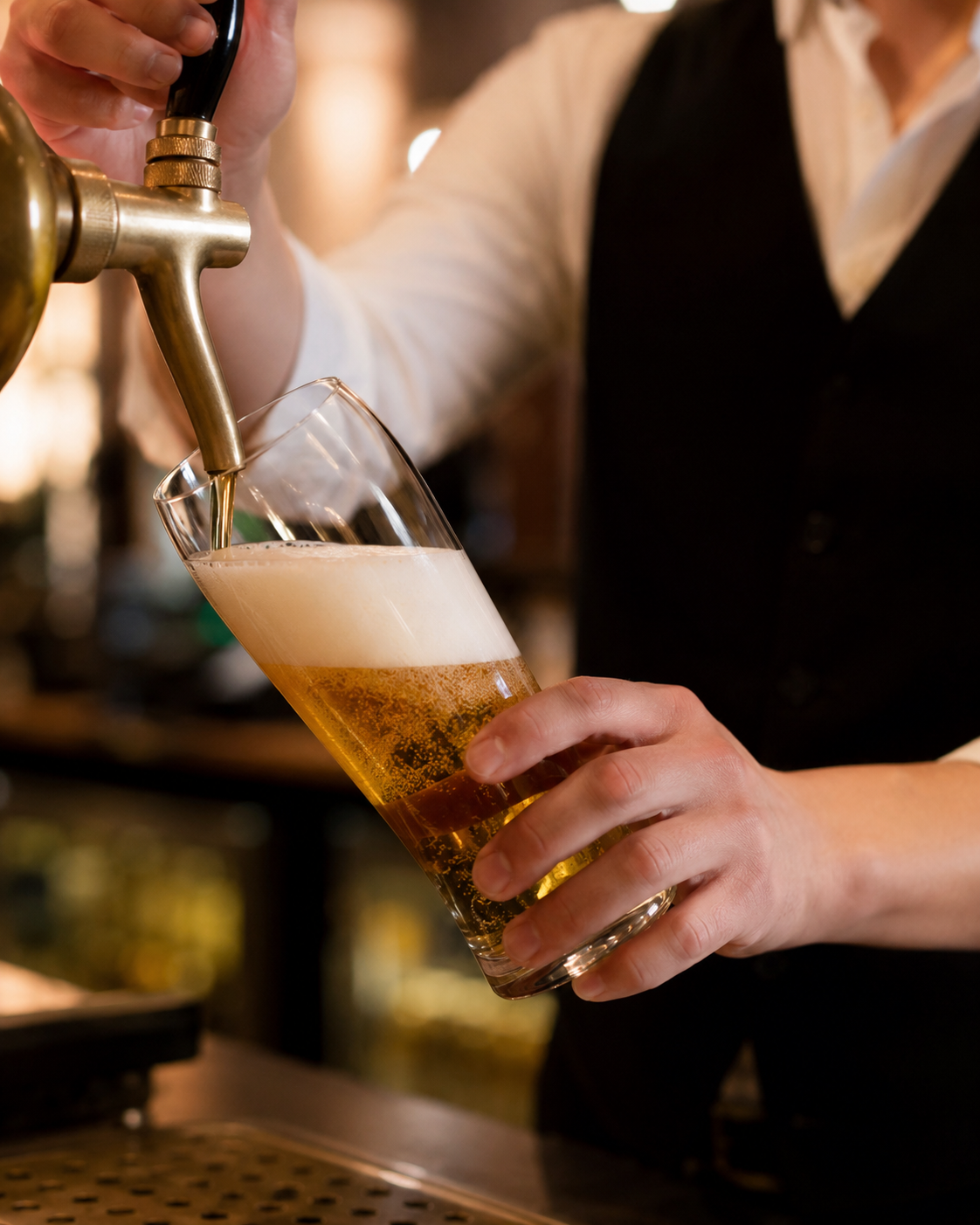 Frisch eingeschenktes Bier mit passender Schaumkrone in einer Restaurantbar.