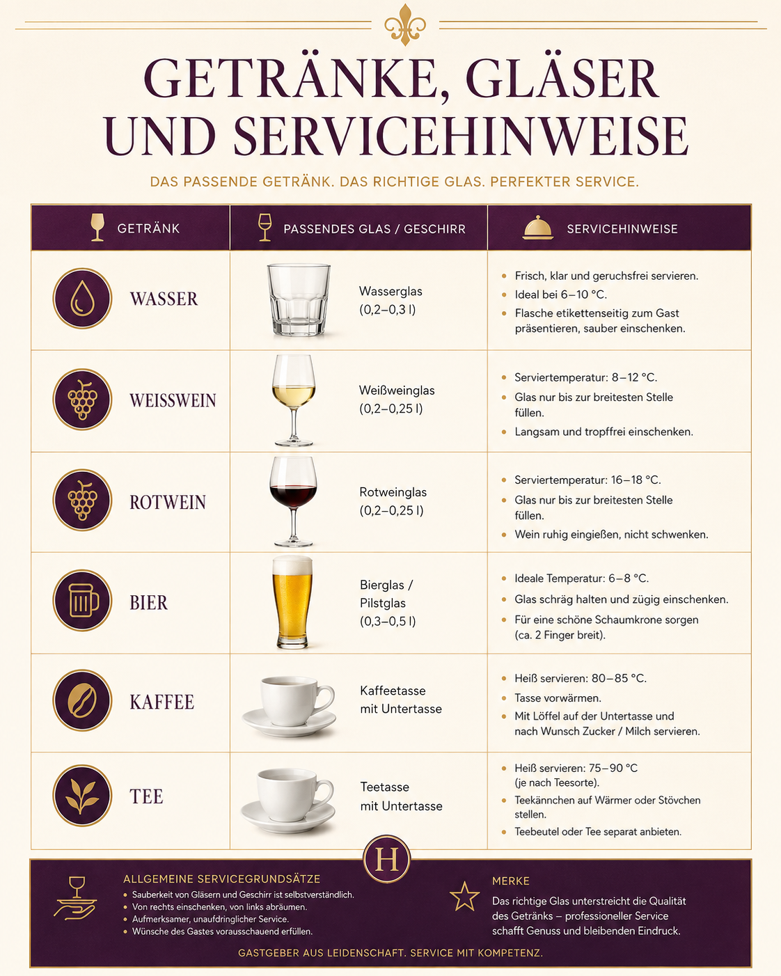 Infografik mit passenden Gläsern und Servicehinweisen für Wasser, Wein, Bier, Kaffee und Tee.