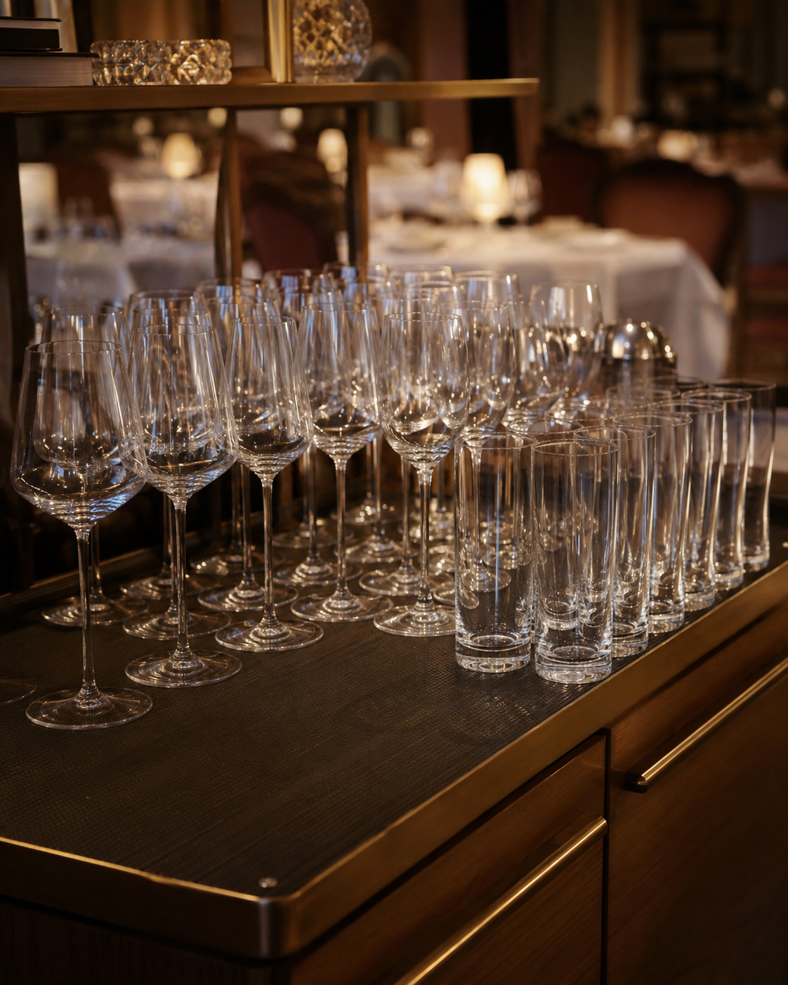 Auswahl sauberer Gläser für Wasser, Wein, Bier und Heißgetränke in einem Hotelrestaurant.