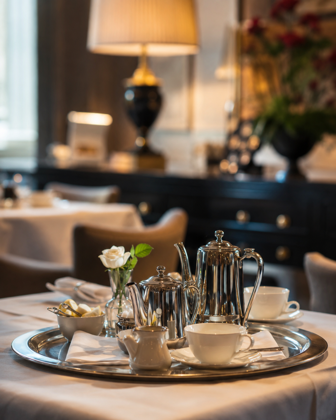 Professionell vorbereitetes Kaffee- und Teeservice mit Tassen, Kannen und Zubehör.