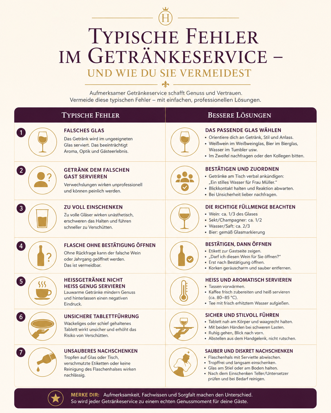 Infografik mit typischen Fehlern im Getränkeservice und geeigneten Lösungen.