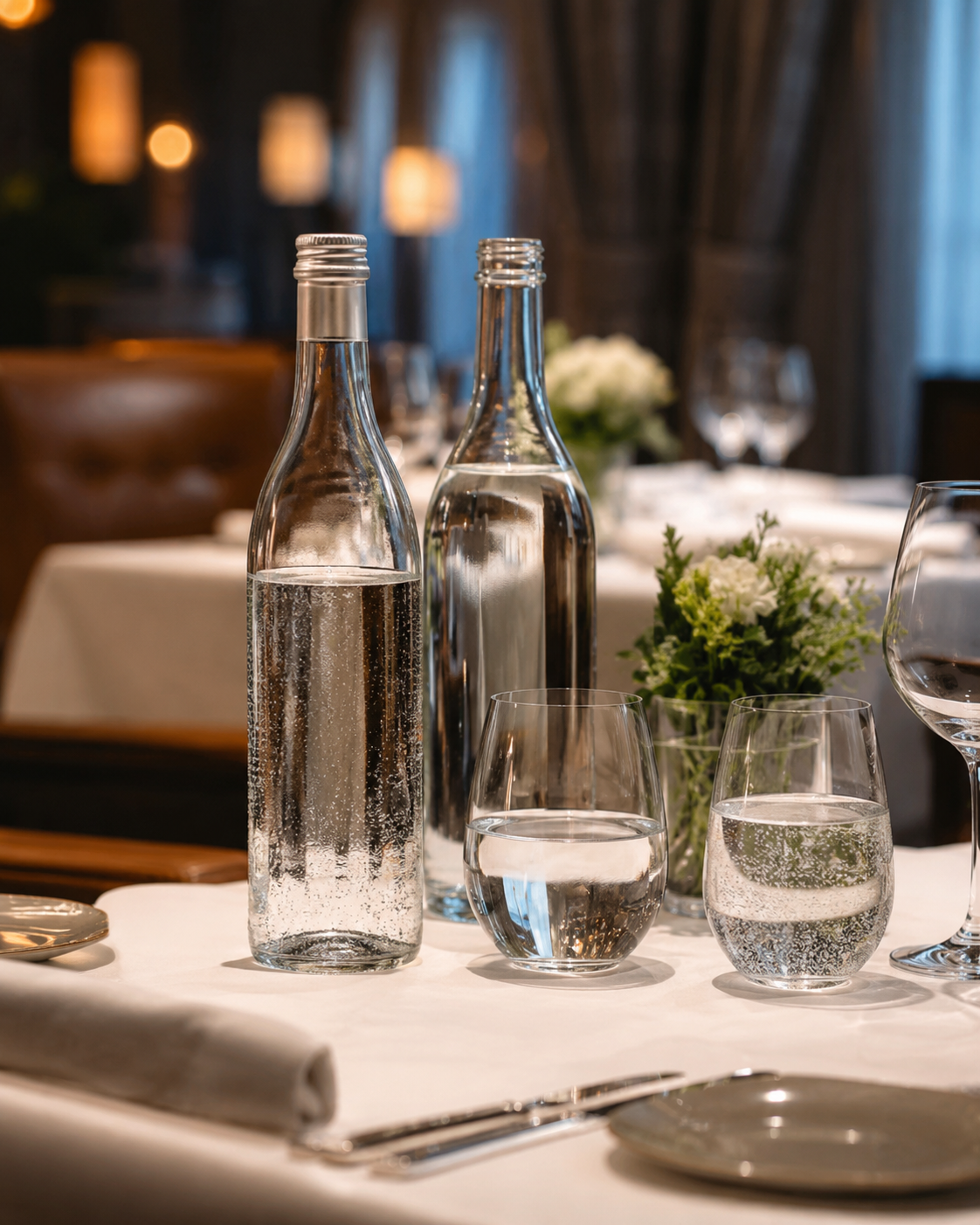 Mineralwasserflaschen und Wassergläser für den professionellen Wasserservice im Restaurant.