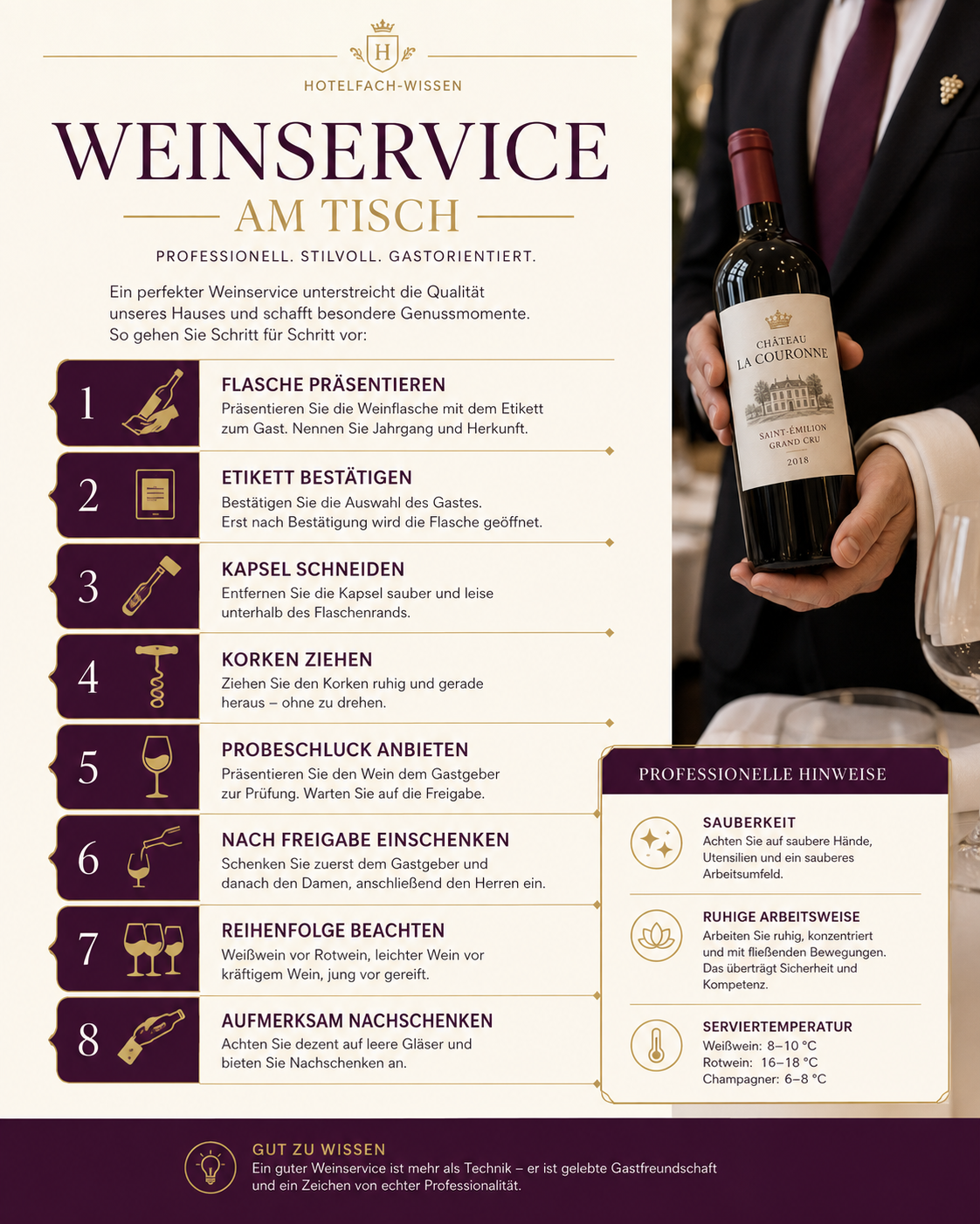 Infografik mit den Arbeitsschritten eines professionellen Weinservice am Tisch.