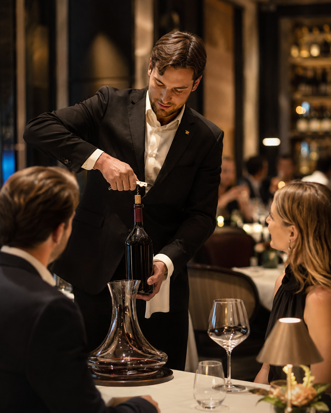 Servicekraft öffnet eine Weinflasche professionell am Tisch eines Hotelrestaurants.
