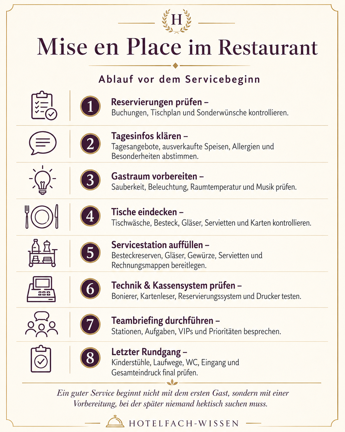 Infografik mit acht Schritten des Mise en Place vor dem Restaurantservice