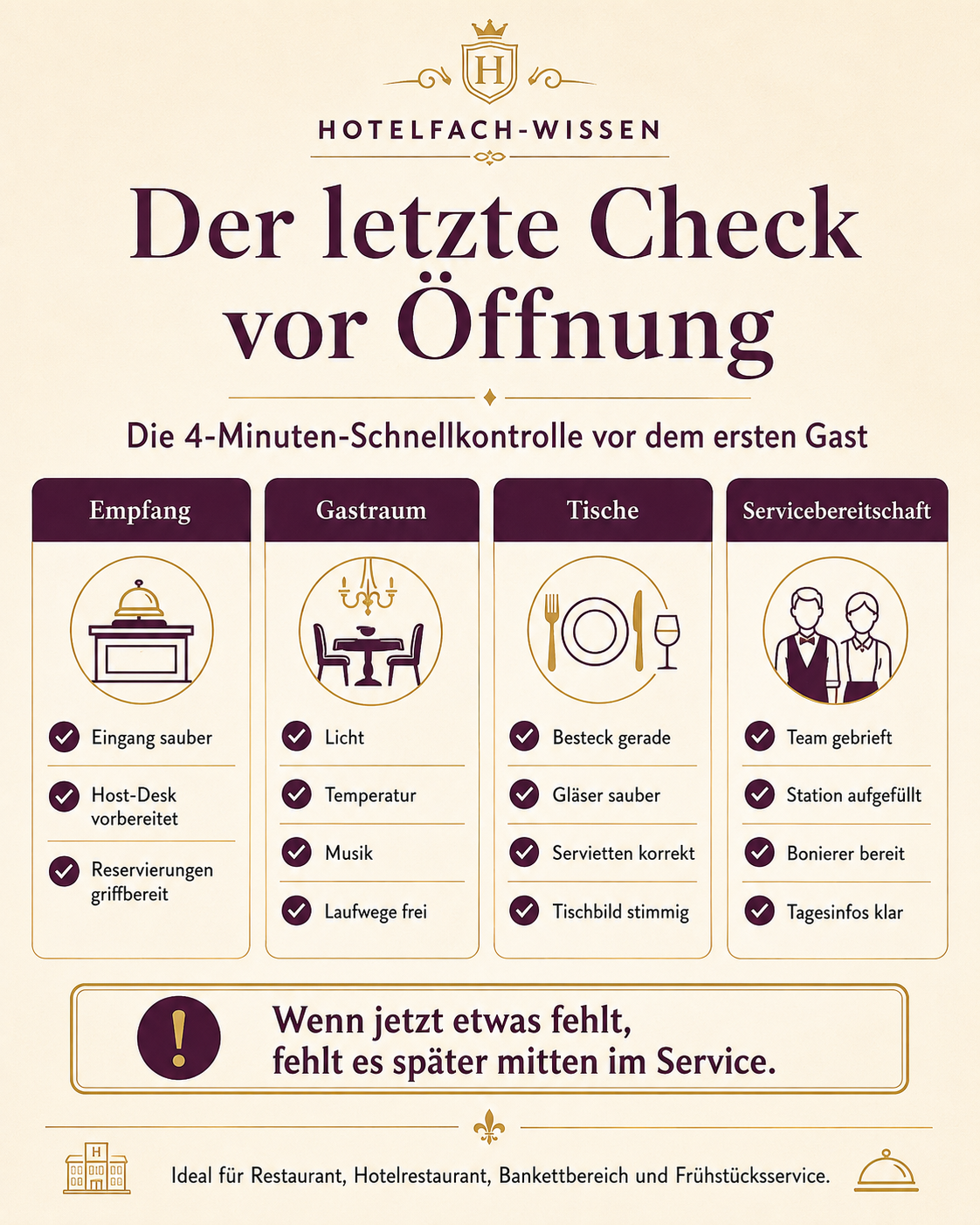 Vier-Minuten-Schnellkontrolle für Empfang, Gastraum, Tische und Servicebereitschaft