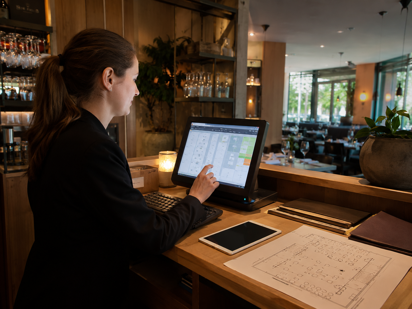 Restaurantmitarbeiterin prüft am Reservierungssystem den Tischplan für den bevorstehenden Service