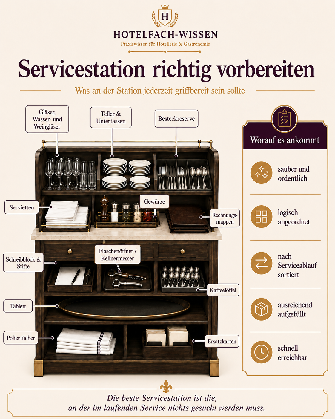 Infografik einer professionell vorbereiteten Servicestation mit beschrifteten Materialreserven