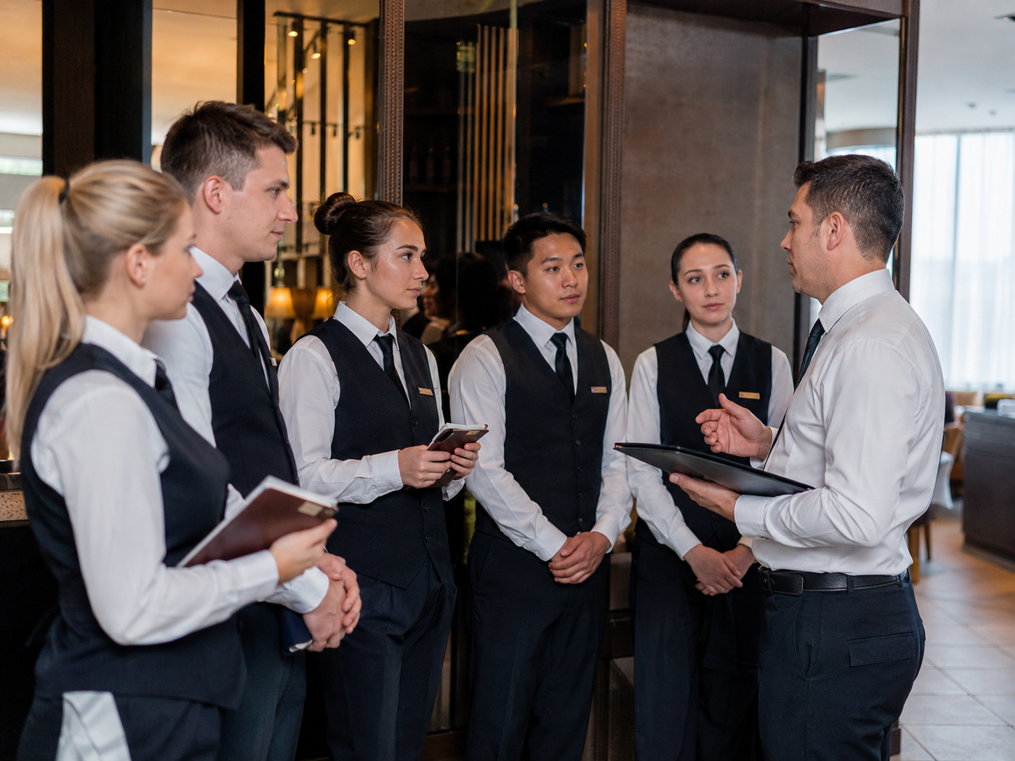 Restaurantleiter führt vor Servicebeginn ein Briefing mit dem Serviceteam durch