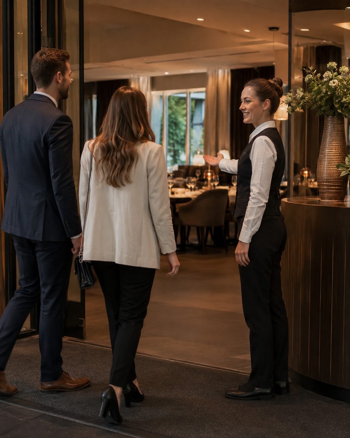 Restaurantmitarbeiterin begrüßt Gäste am Empfang und begleitet sie in das Restaurant.