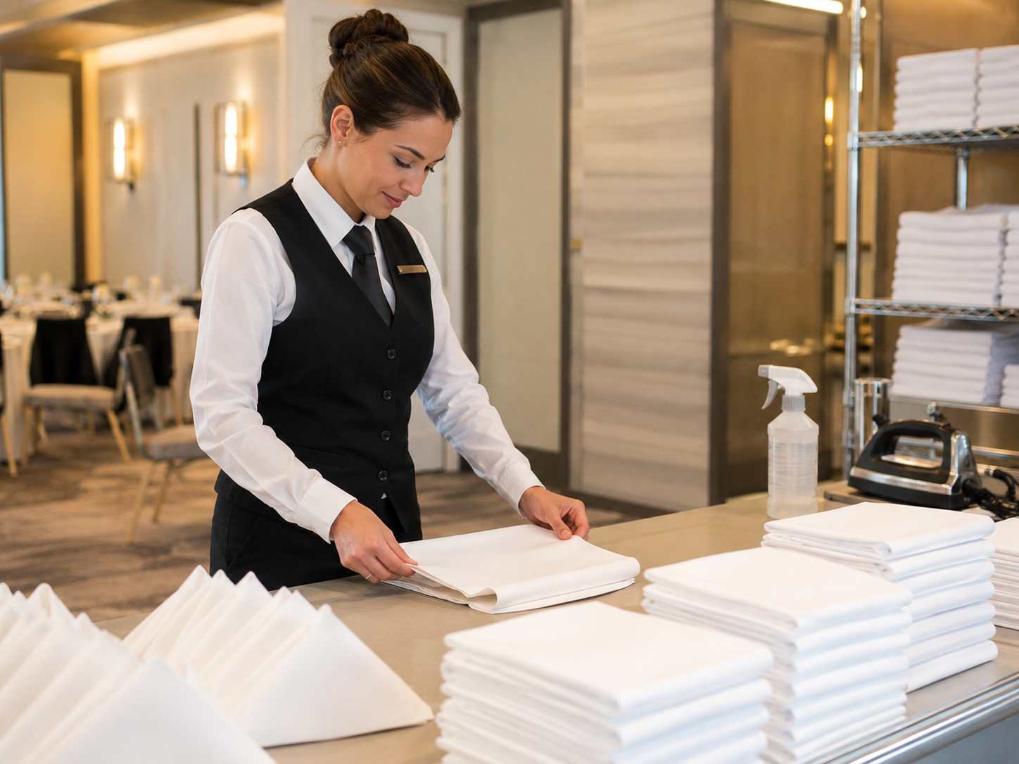 Servicekraft bereitet einen gedeckten Restauranttisch vor der Öffnung vor.