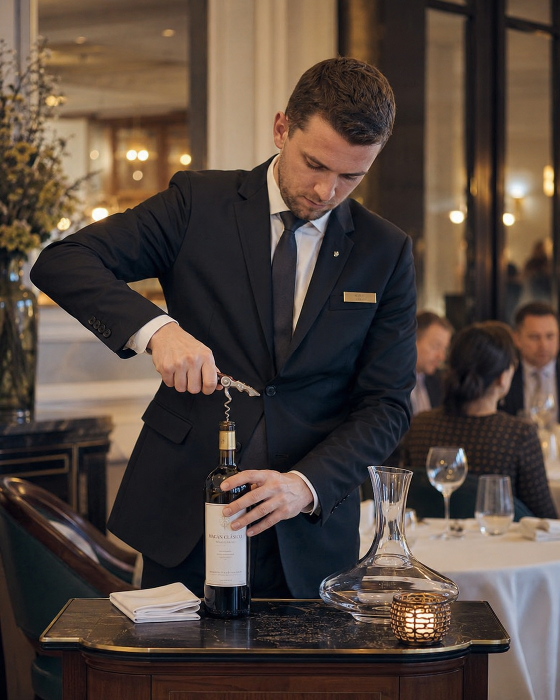 Servicekraft öffnet eine Weinflasche fachgerecht im Restaurant.