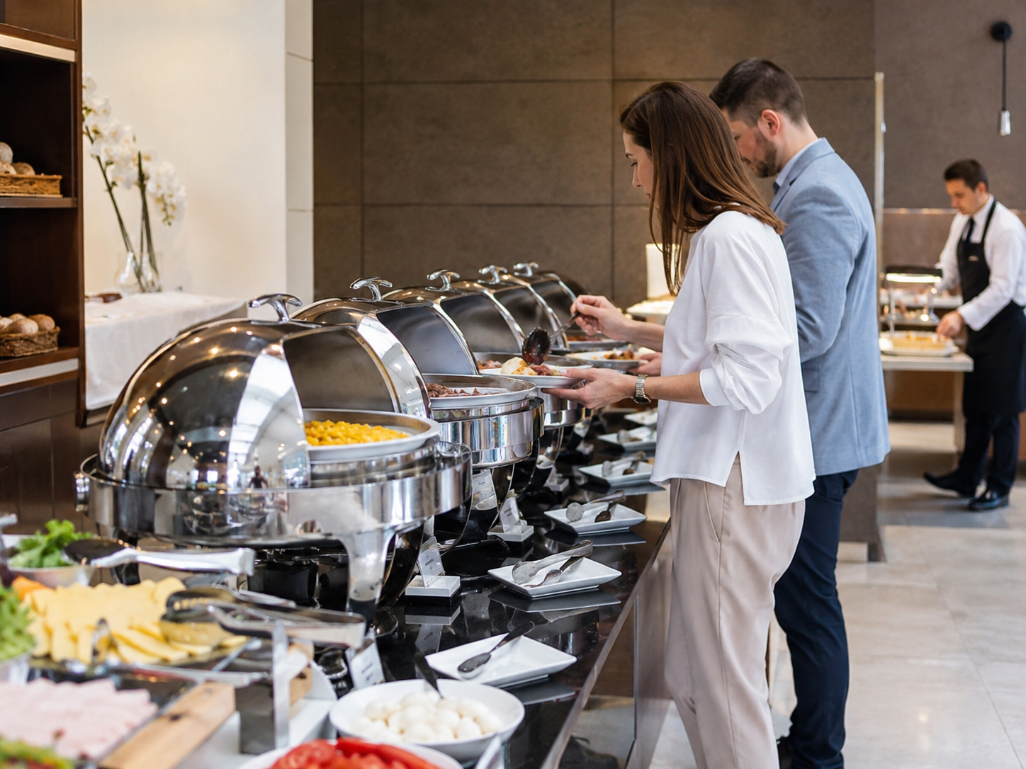 Gäste bedienen sich an einem gepflegten warmen Hotelbuffet.