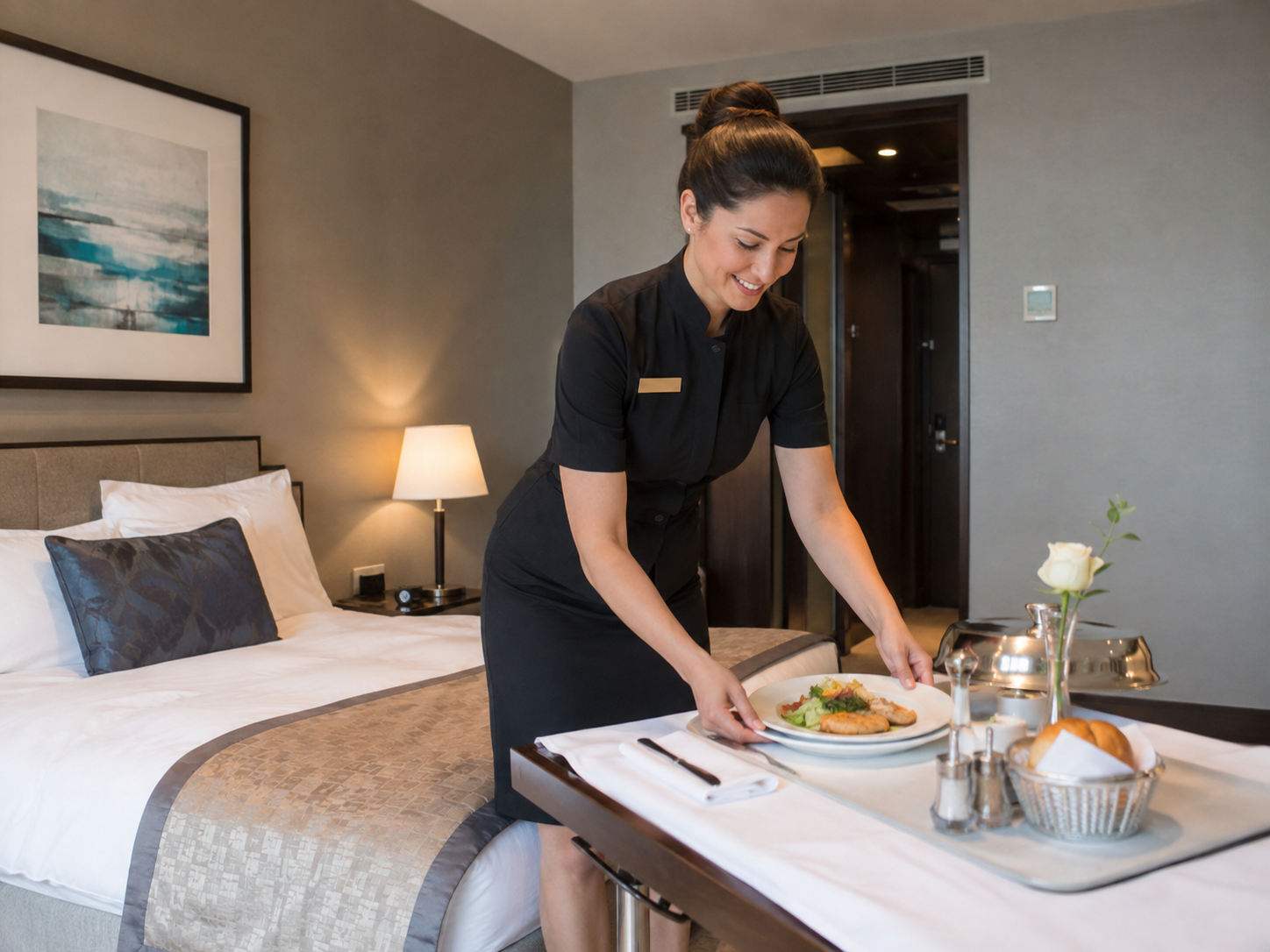 Roomservice-Mitarbeiterin platziert ein vollständiges Gericht im Hotelzimmer.