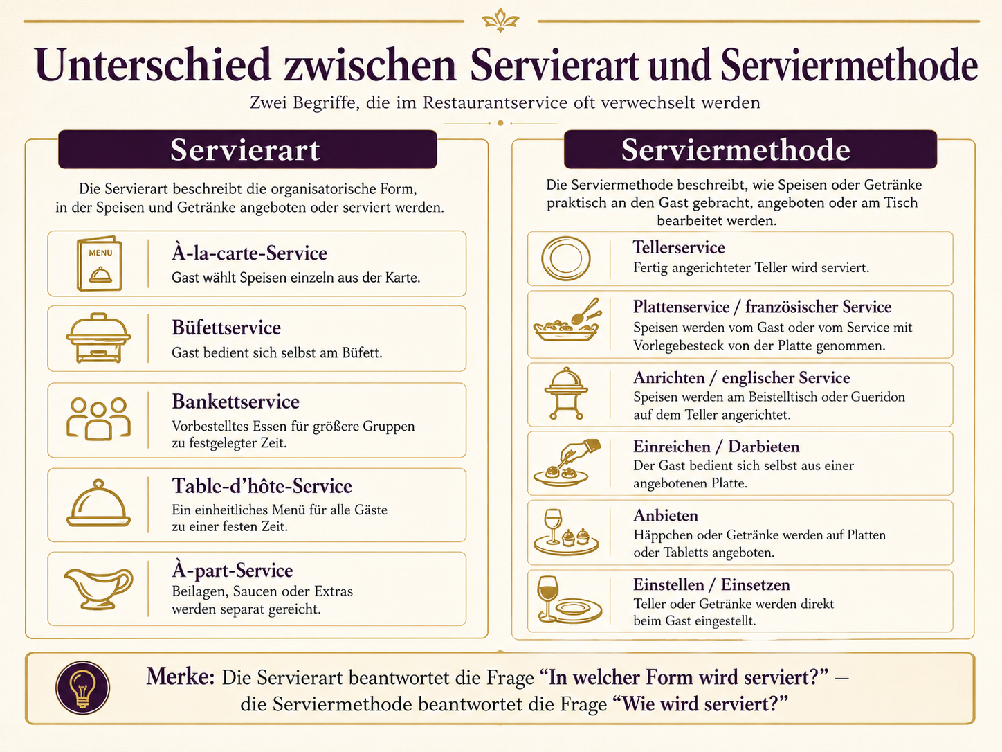 Infografik zum Unterschied zwischen Servierart und Serviermethode mit typischen Beispielen.
