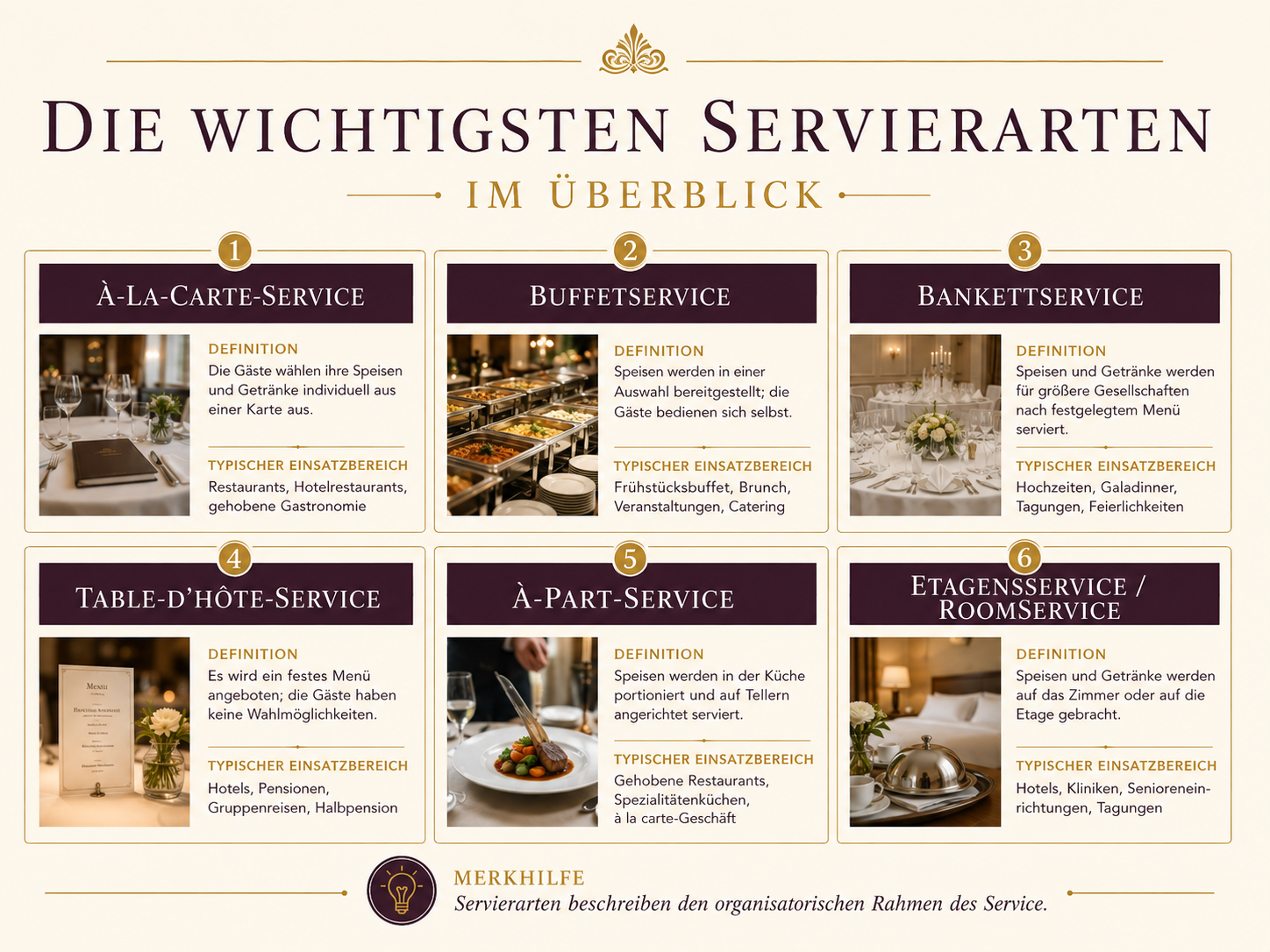 Infografik mit À-la-carte-, Buffet-, Bankett-, Table-d’hôte-, À-part- und Etagenservice.