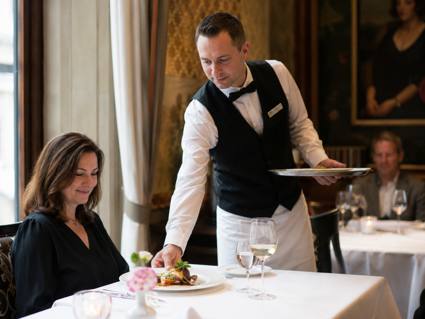 Servicekraft setzt einer Restaurantgästin einen fertig angerichteten Teller ein.