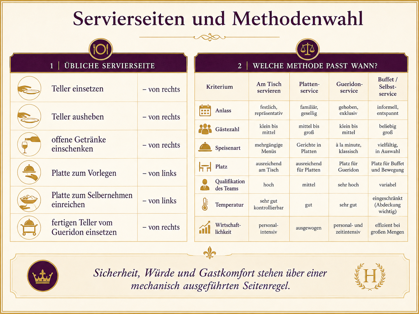 Infografik zu üblichen Servierseiten und Kriterien für die Wahl einer Serviermethode.