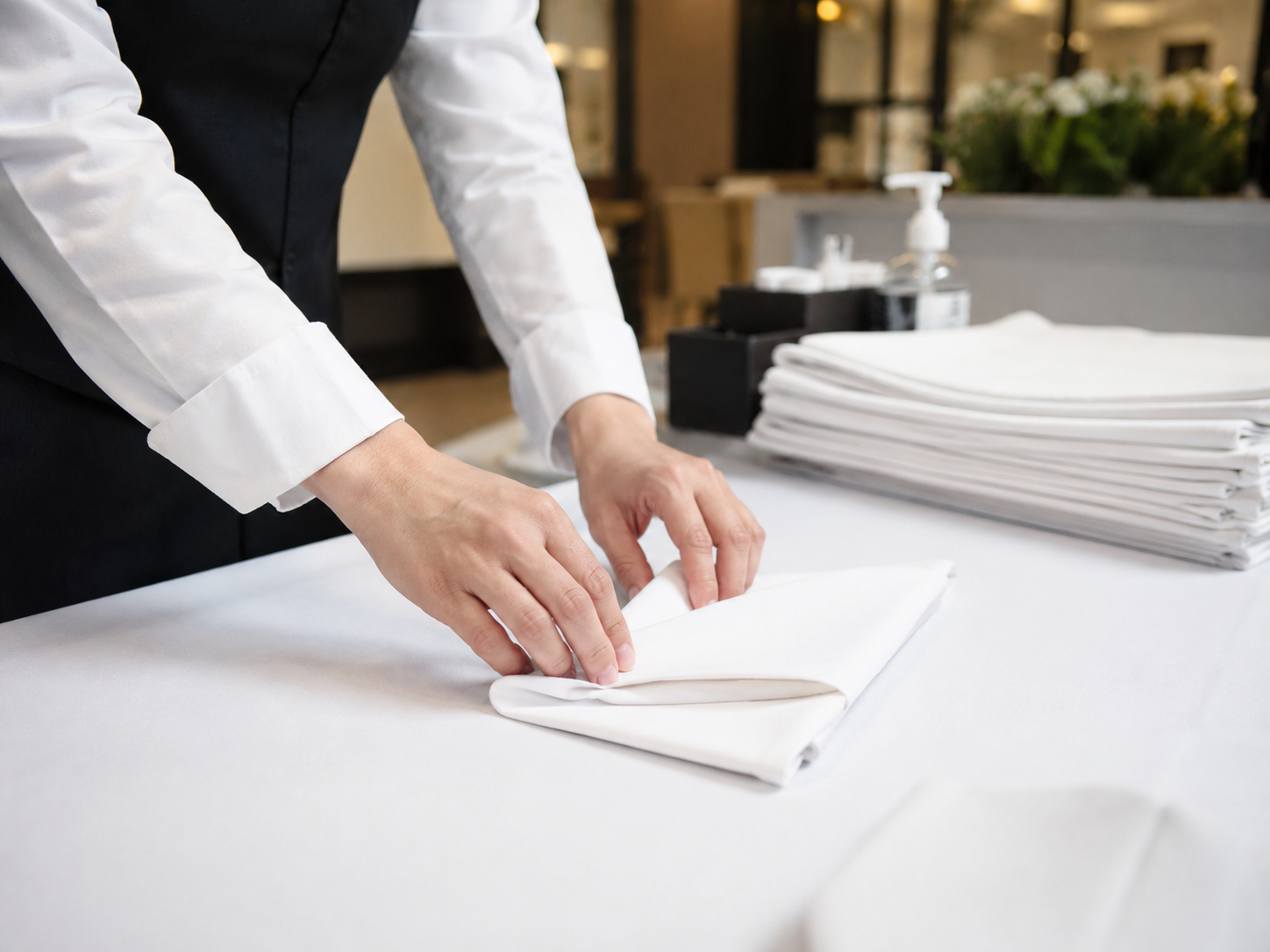 Servicekraft faltet eine weiße Stoffserviette auf einer sauberen Arbeitsfläche.