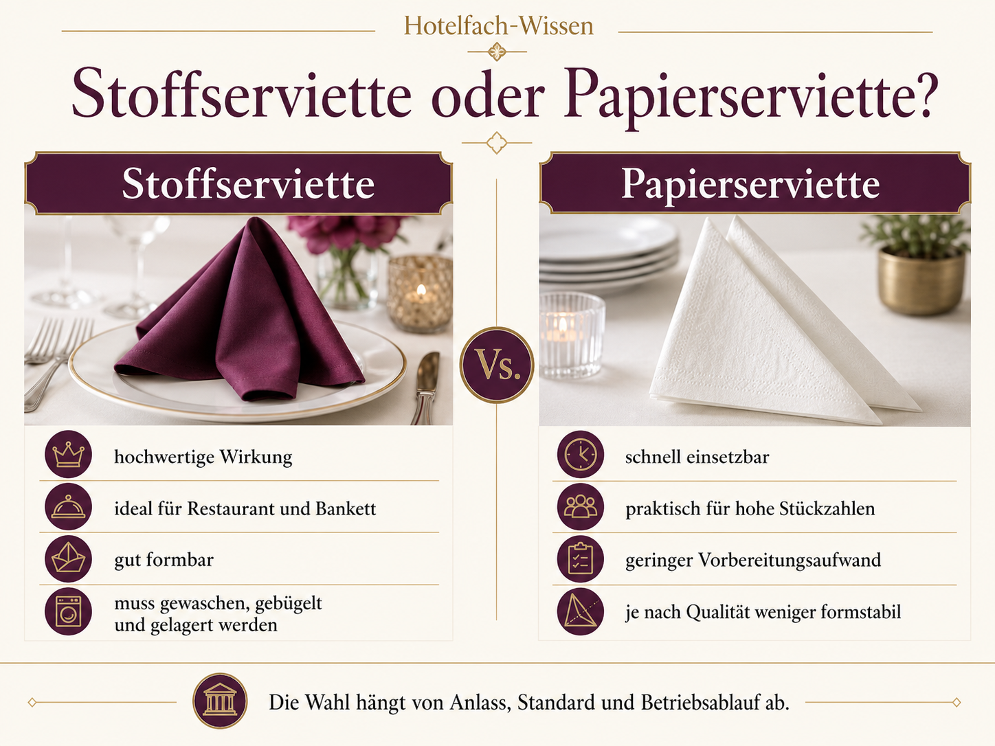 Vergleich von Stoffserviette und Papierserviette mit ihren betrieblichen Vor- und Nachteilen.