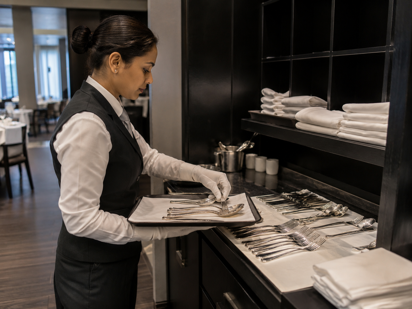 Servicemitarbeiterin sortiert sauberes Besteck an einer Servicestation