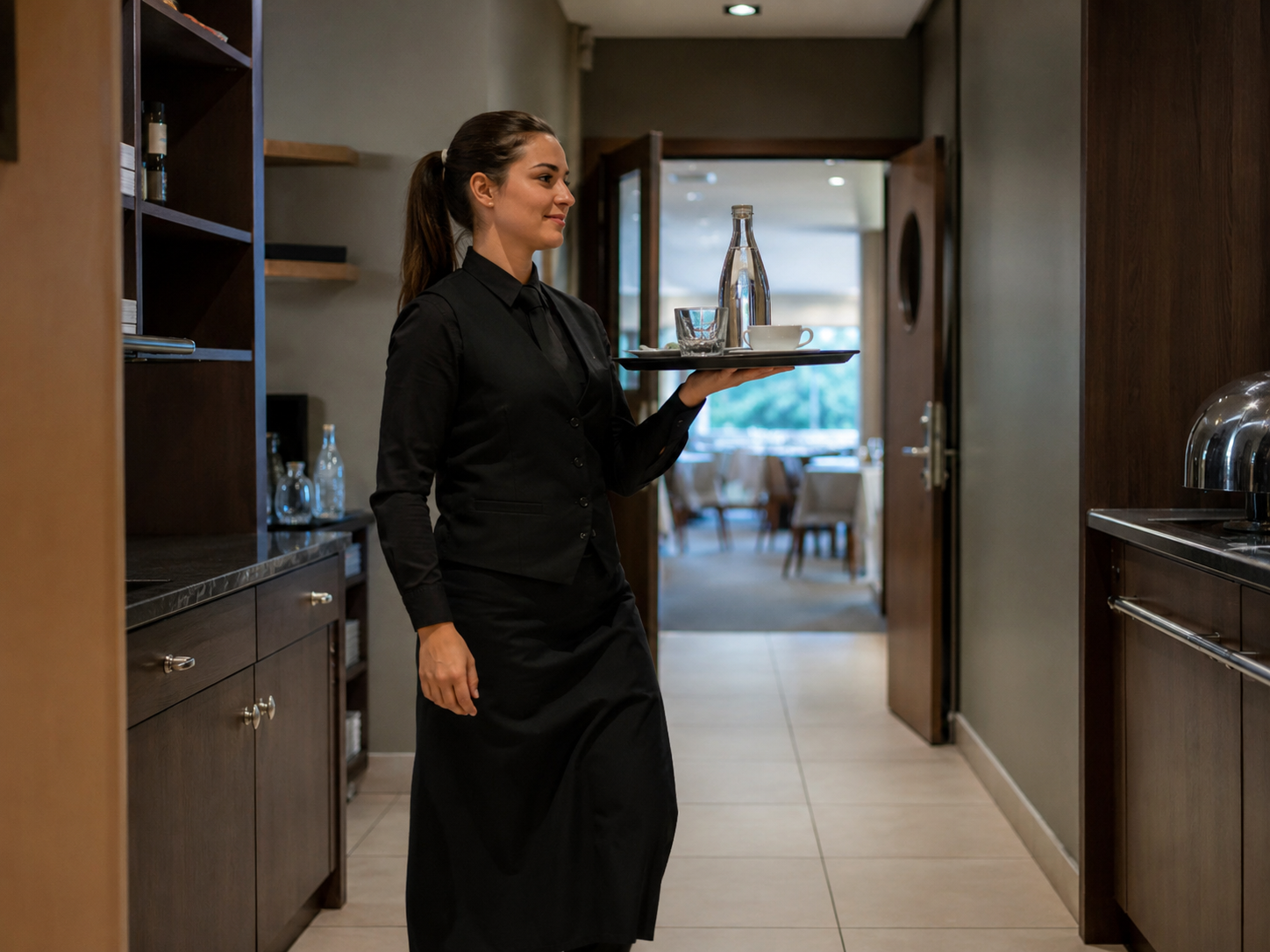 Servicemitarbeiterin trägt ein beladenes Tablett stabil und körpernah durch ein Restaurant