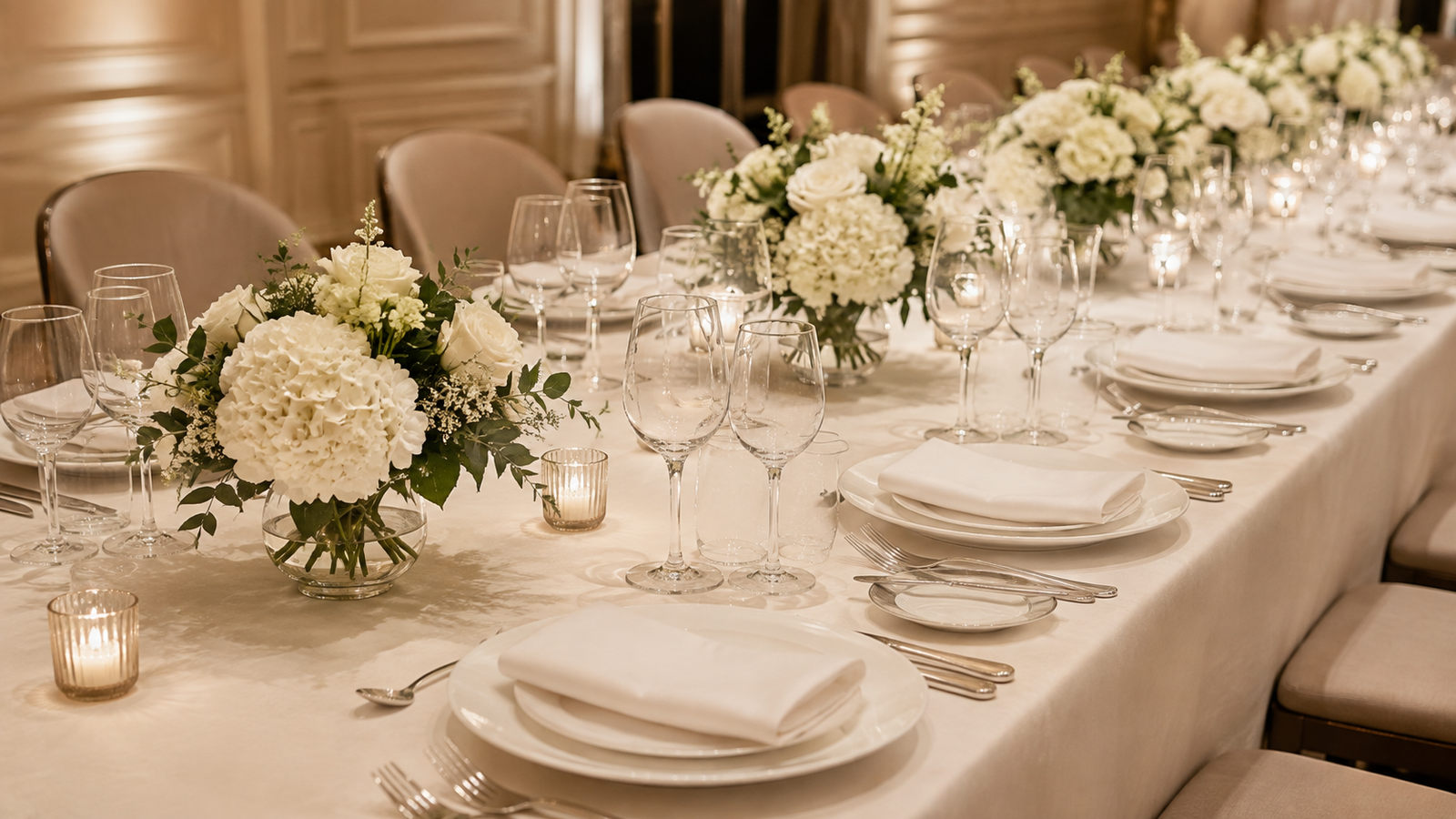 Festlich eingedeckter Banketttisch mit Glaesern, Tellern, Besteck, Kerzen und weissen Blumenarrangements.