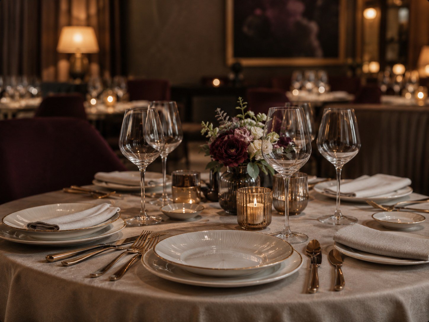 Gedeckter Restauranttisch mit Tischdecke, Stoffservietten, Tellern, Gläsern und Besteck.